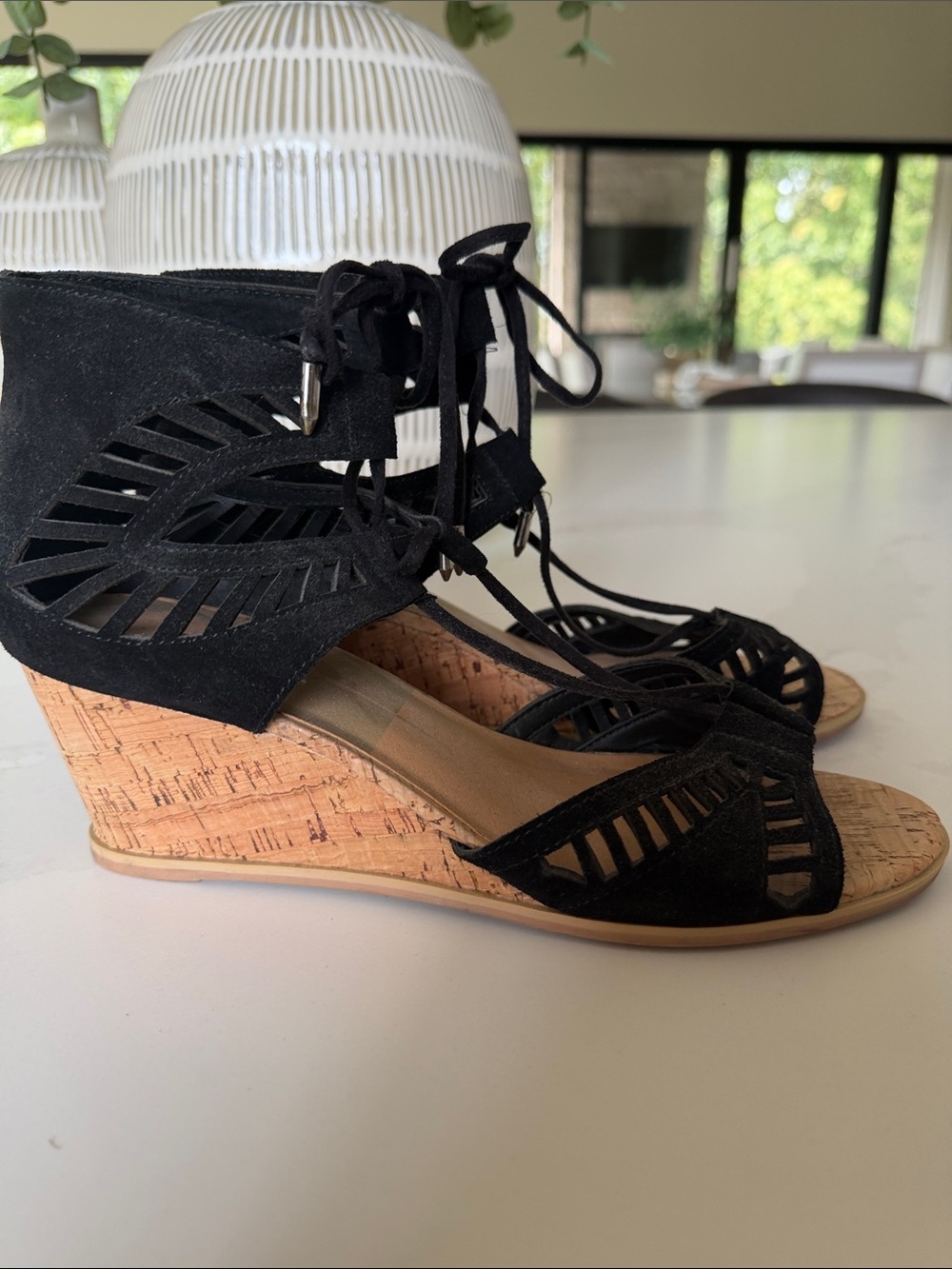 Dolce Vita Black Cutout Suede Cork Wedge Sandals